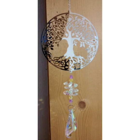 Silver Tree Of Life Iridescent Crystal Prism Sun Catcher Window Hanging 17" - Picture 2 of 4